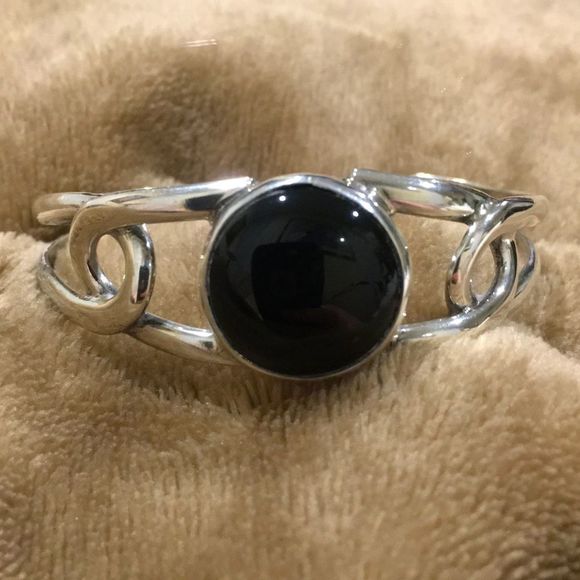 TAXCO Black Onyx Cabochon and Split Shank Sterling Silver Cuff Bangle - Picture 1 of 8